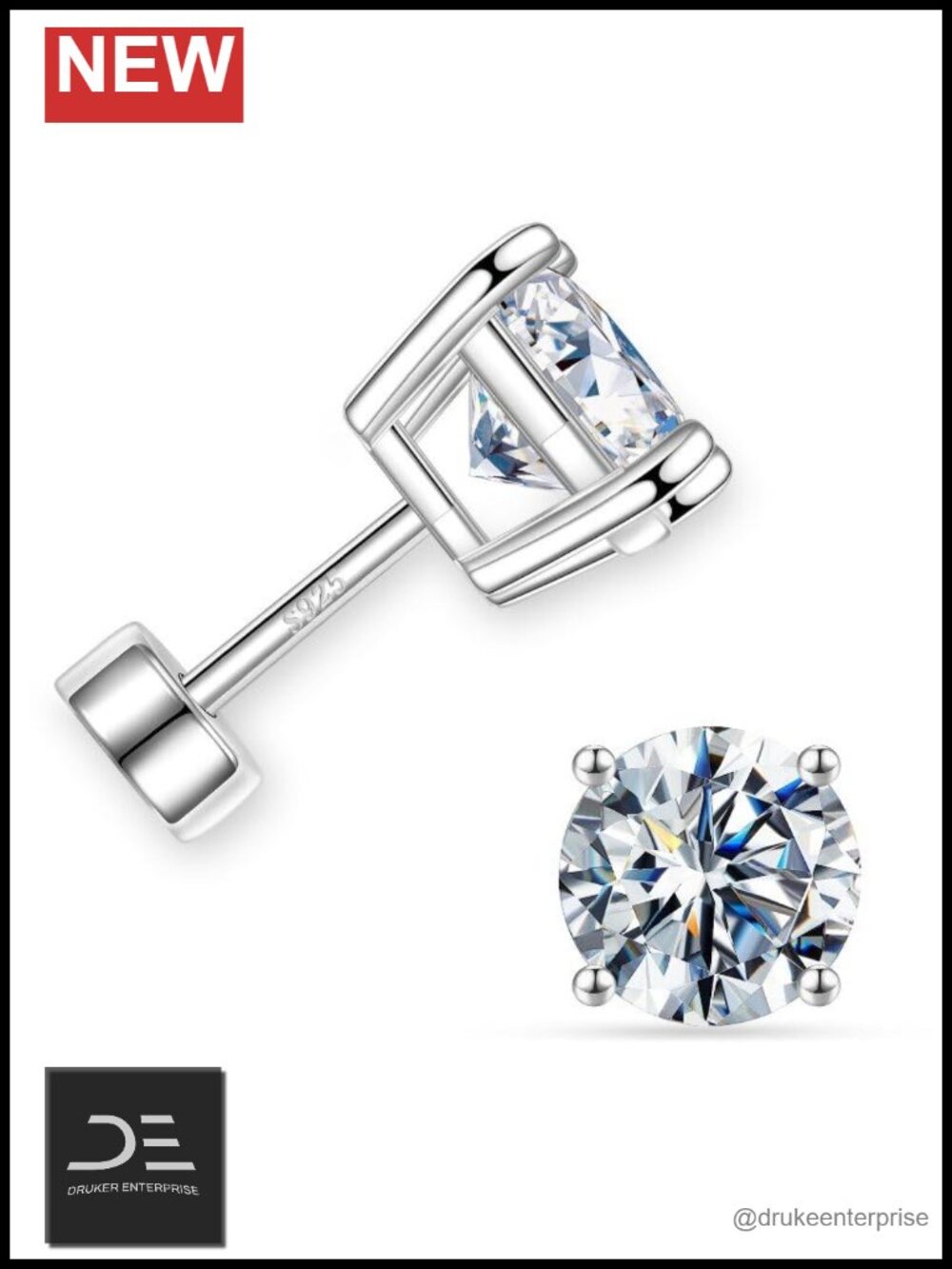 2ct Moissanite Flat Back Stud Earrings Screw Back 925 Sterling Silver
